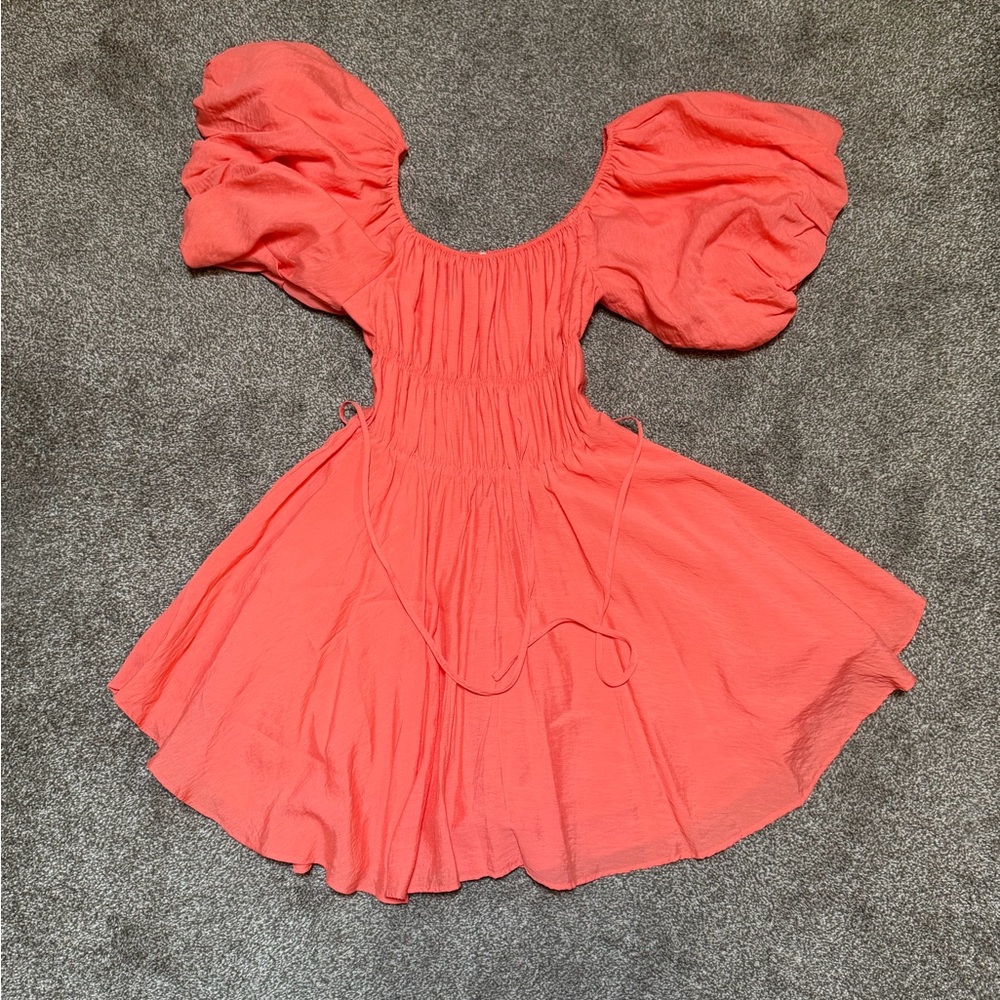 Altar'd State Coral Puff-Sleeve Smocked Mini Dress